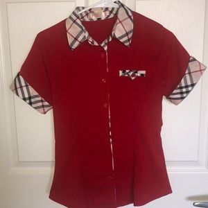 Burrrberry Look Alike Design Red M Button Down Top